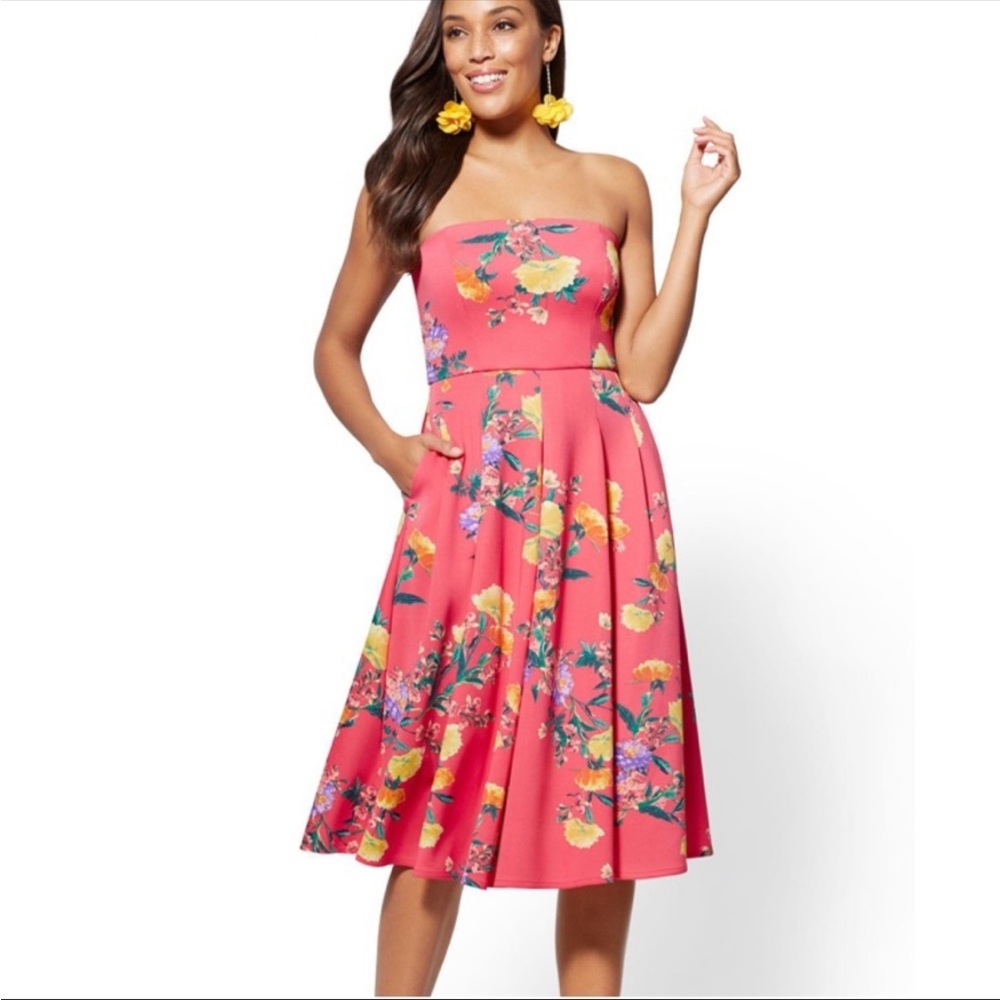 Strapless Coral Floral Midi Dress